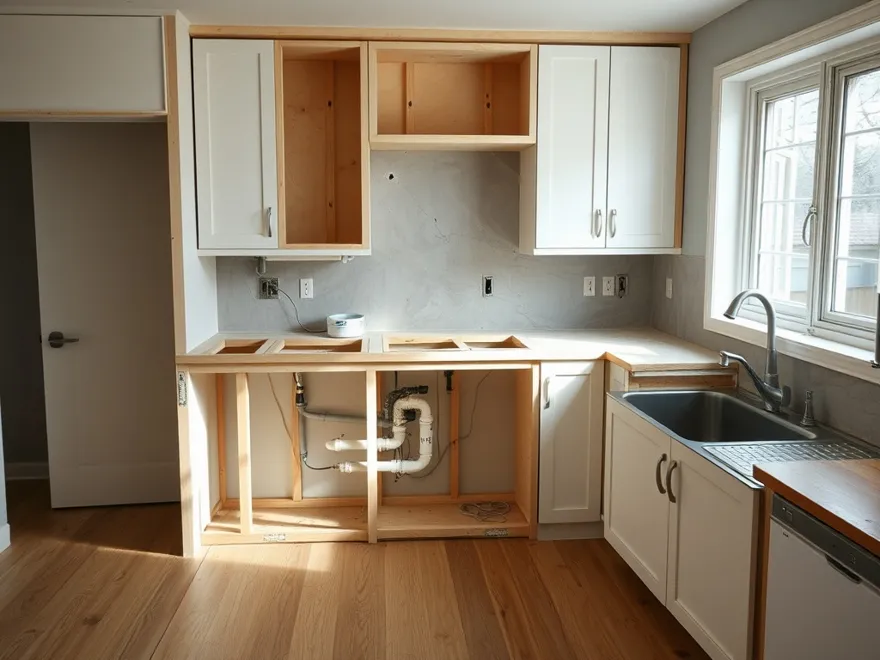 Kitchen mid-renovation with cabinet boxes installed but no doors and exposed plumbing stub-outs under the sink cutout